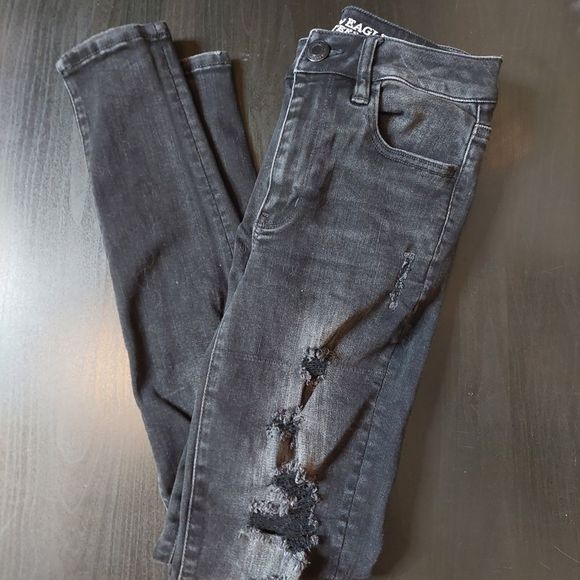 American Eagle Outfitters Black Hi Rise Distressed Jegging Jean Legging 2 GUC - Picture 3 of 16